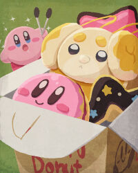 Rule 34 | :&lt;, :o, arm up, blue eyes, blush, blush stickers, box, character food, creatures (company), dog, doughnut, drooling, fidough, food, full body, game freak, green background, highres, holding, holding tongs, kirby, kirby (series), miclot, nintendo, no humans, open mouth, pastry box, pokemon, simple background, sparkle, star (symbol), tongs