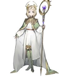 Rule 34 | 1girl, aged down, aqua eyes, blonde hair, boots, brand of the exalt, cape, drill hair, drill sidelocks, emmeryn (child) (fire emblem), emmeryn (fire emblem), facial mark, fire emblem, fire emblem awakening, fire emblem heroes, forehead mark, green cape, green footwear, highres, holding, holding staff, looking at viewer, medium hair, multicolored cape, multicolored clothes, nintendo, non-web source, robe, sidelocks, smile, solo, staff, tachi-e, tagme, thigh boots, tiara, white cape, white robe