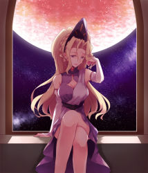 Rule 34 | 1girl, avenger (anime), blonde hair, breasts, cleavage, cleavage cutout, clothing cutout, dress, indoors, large breasts, crossed legs, long hair, moon, night, sitting, sky, solo, vesta, window