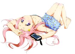 Rule 34 | 10s, 1girl, absurdres, bare shoulders, barefoot, blue pajamas, blue shorts, blush, breasts, cellphone, cleavage, collarbone, feet, gamers!, highres, holding, holding phone, indoors, long hair, looking at viewer, lying, on back, pajamas, phone, pink hair, purple eyes, sakurano aguri, shiny skin, short shorts, shorts, sleeveless, small breasts, smartphone, solo, third-party edit, toes, transparent background