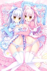 Rule 34 | 2girls, :d, :o, animal ear fluff, animal ears, asymmetrical docking, babydoll, bed sheet, blue panties, blush, bow, breast press, breasts, cat ears, cat girl, cat tail, cleavage, commentary request, diagonal stripes, fang, feet out of frame, frilled legwear, frilled panties, frilled pillow, frills, hair between eyes, hasune, highres, long hair, looking at viewer, lying, medium breasts, multiple girls, navel, on back, open mouth, original, panties, parted lips, pillow, pink hair, pink panties, shrug (clothing), siblings, silver hair, sisters, smile, star (symbol), striped, striped bow, tail, thighhighs, twins, underwear, very long hair, white legwear, yellow eyes