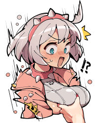 Rule 34 | !?, 1girl, 1other, ahoge, blue eyes, blush, bob cut, breasts, collar, commentary request, cropped torso, elphelt valentine, embarrassed, grabbing, grabbing another&#039;s breast, guilty gear, guilty gear strive, hairband, huge ahoge, itsuka neru, jacket, large breasts, pink collar, pink hairband, pink jacket, short hair, sideboob, spiked collar, spiked hairband, spiked jacket, spikes, surprised, sweatdrop, two-tone dress, white background, white hair
