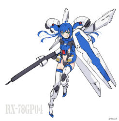 Rule 34 | 1girl, blue hair, boots, clothing cutout, flat chest, floating, floating hair, green eyes, gun, gundam, gundam 0083, gundam gp-04 gerbera, highres, holding, holding gun, holding shield, holding weapon, i.takashi, long hair, looking at viewer, navel, navel cutout, personification, shield, sketch, smile, solo, thigh boots, thighhighs, v-shaped eyebrows, weapon, white background