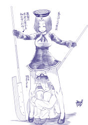 Rule 34 | 10s, 1boy, 1girl, ariga tou, breasts, checkered clothes, checkered necktie, checkered neckwear, closed eyes, commentary request, false smile, glaive (polearm), gloves, greyscale, hair intakes, halo, hat, headgear, holding, holding weapon, kantai collection, large breasts, long sleeves, mechanical halo, military, military uniform, monochrome, musical note, necktie, polearm, short hair, signature, smile, sweatdrop, t-head admiral, tatsuta (kancolle), translation request, turn pale, uniform, weapon
