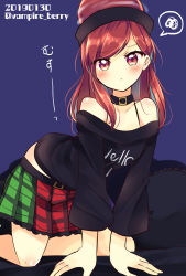 Rule 34 | 1girl, all fours, bare shoulders, bed, belt, black belt, black choker, black headwear, black shirt, blouse, blush, breasts, choker, closed mouth, clothes writing, collarbone, eyes visible through hair, frills, green skirt, heart, heart print, hecatia lapislazuli, highres, long hair, looking at viewer, medium breasts, multicolored clothes, multicolored skirt, off-shoulder shirt, off shoulder, ougi hina, pillow, plaid, plaid skirt, purple background, purple skirt, red eyes, red hair, red skirt, shirt, simple background, skirt, solo, speech bubble, squiggle, touhou, twitter username, underworld (ornament)