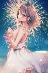 Rule 34 | 1girl, back, bare shoulders, blush, brown hair, cloud, dress, fireworks, hand up, highres, jewelry, looking at viewer, looking back, medium hair, original, outdoors, parted lips, pink eyes, ring, sky, sleeveless, sleeveless dress, smile, solo, spaghetti strap, standing, white dress, yugirlpict