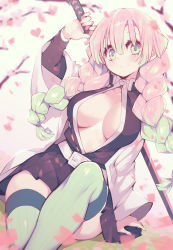 Rule 34 | 1girl, arm support, arm up, belt, blurry, blurry background, braid, breasts, breasts apart, center opening, closed mouth, collarbone, day, demon slayer uniform, fingernails, green eyes, green hair, green thighhighs, hair between eyes, haori, highres, holding, holding sword, holding weapon, japanese clothes, kanroji mitsuri, kimetsu no yaiba, knee up, large breasts, leaning to the side, long hair, looking at viewer, microskirt, mole, mole under eye, multicolored hair, no bra, outdoors, parororo, parted bangs, petals, pink hair, pleated skirt, ribbed legwear, sitting, skirt, smile, solo, sword, thighhighs, twin braids, two-tone hair, very long hair, weapon, weapon on back, white belt, zettai ryouiki