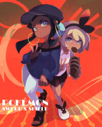 Rule 34 | 2girls, absurdres, bag, bea (pokemon), black hair, blonde hair, blush, bow hairband, brown skirt, closed mouth, collared shirt, commentary request, creatures (company), dark-skinned female, dark skin, earclip, earrings, eyelashes, food, game freak, hairband, hand up, hat, highres, hoop earrings, jewelry, lamb goes baaaaa, looking at viewer, mouth hold, multiple girls, nessa (pokemon), nintendo, off-shoulder shirt, off shoulder, pants, paper bag, pleated skirt, pokemon, pokemon: twilight wings, school uniform, shirt, shoes, skirt, toes, v, w, white footwear, white pants, white shirt