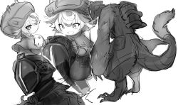 Rule 34 | 1boy, 1girl, :d, backpack, bag, blush, bondrewd, capelet, carrying, claws, creature, gloves, greyscale, hat, helmet, highres, long sleeves, made in abyss, meinya (made in abyss), monochrome, multiple views, open mouth, piggyback, prushka, short hair, simple background, smile, spoilers, standing, suurin (ksyaro), tail, white background