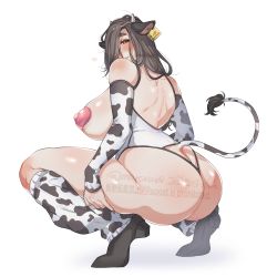 Rule 34 | 1girl, absurdres, animal ears, animal print, artist name, ass, ass focus, bare shoulders, black footwear, black nails, blush, breasts, butt crack, commentary request, covered erect nipples, cow print, detached sleeves, ear tag, hair over one eye, hair over shoulder, heart, high heels, highres, horns, knee blush, kneehighs, large breasts, looking at viewer, median furrow, muroku (aimichiyo0526), nail polish, original, pasties, revealing clothes, shoulder blades, shoulder blush, simple background, socks, solo, tail, tareme, thick eyebrows, thick thighs, thighs, twitter username, white background
