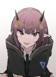 Rule 34 | 1girl, :p, arknights, black jacket, black necktie, collar, demon horns, detached collar, highres, horn ornament, horns, jacket, lava (arknights), lava the purgatory (arknights), looking at viewer, necktie, official alternate costume, pointy ears, purple eyes, purple hair, short sleeves, simple background, solo, tetuw, tongue, tongue out, upper body, white background, white collar
