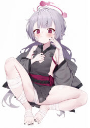 Rule 34 | 1girl, absurdres, bandaged arm, bandaged foot, bandaged hand, bandaged leg, bandages, barefoot, black nails, blue archive, blush, commentary, dress, flat chest, full body, gauze on cheek, grey dress, grey hair, grey sleeves, halo, hand on own chest, highres, long hair, looking at viewer, panties, pink eyes, pink halo, sash, shuro (blue archive), sideless dress, sideless outfit, simple background, sitting, solo, thighs, toenails, toes, toki (1243309499), underwear, white background, white panties