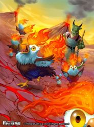 Rule 34 | 1boy, bird, broom, chicken, closed eyes, copyright name, feathered wings, fire, force of will, furry, furry male, lizardman, male focus, misa tsutsui, official art, open mouth, sky, solo, tongue, tongue out, vulcan, wings