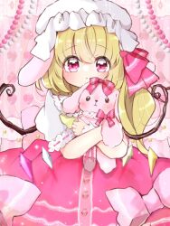 Rule 34 | 1girl, animal ears, beads, blonde hair, bow, commentary, cowboy shot, dot nose, dress, dress bow, flandre scarlet, frilled dress, frilled sleeves, frilled wrist cuffs, frills, hair bow, hat, highres, hugging doll, hugging object, light blush, long hair, looking at viewer, loose hair strand, lop rabbit ears, mob cap, ol07469724, open mouth, pink background, pink dress, pink eyes, pink theme, puffy short sleeves, puffy sleeves, rabbit ears, short sleeves, side ponytail, solo, stuffed animal, stuffed rabbit, stuffed toy, tareme, touhou, white sleeves, white wrist cuffs, wings, wrist cuffs