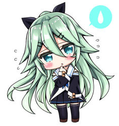 Rule 34 | 1girl, black thighhighs, blush, chibi, choker, commentary request, detached sleeves, flying sweatdrops, green eyes, green hair, hair between eyes, hair ornament, hair ribbon, hairclip, head tilt, k hiro, kantai collection, long hair, looking at viewer, lowres, parted lips, pleated skirt, ribbon, school uniform, serafuku, simple background, skirt, solo, spoken sweatdrop, sweatdrop, thighhighs, white background, yamakaze (kancolle), zettai ryouiki