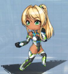 Rule 34 | 1girl, animated, animated gif, bare shoulders, black leotard, blonde hair, boots, bouncing breasts, breasts, chibi, cleavage, covered navel, curvy, dark-skinned female, dark skin, electricity, fighting stance, full body, gloves, green eyes, hand on own hip, high heels, highleg, highleg leotard, kaley myers (taimanin asagi), large breasts, leotard, lilith-soft, lips, long hair, looking to the side, lowres, parted lips, ponytail, shiny skin, simple background, skin tight, smile, solo, standing, taimanin (series), taimanin rpgx, thighhighs, thong leotard, white background