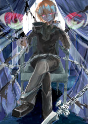 Rule 34 | 1boy, absurdres, androgynous, blonde hair, chain, chair, formal, highres, hunter x hunter, kurapika, looking at viewer, red eyes, sitting, suit