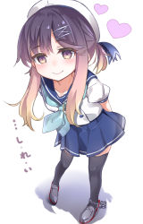 Rule 34 | 1girl, absurdres, arms behind back, black thighhighs, blue neckerchief, blue ribbon, blue sailor collar, blue skirt, blush, buttons, closed mouth, from above, full body, gradient hair, grey footwear, hat, heart, highres, kantai collection, multicolored hair, natsuki (gedo), neckerchief, orange hair, pleated skirt, puffy short sleeves, puffy sleeves, purple eyes, purple hair, ribbon, sailor collar, sailor hat, school uniform, serafuku, short hair, short ponytail, short sleeves, sidelocks, skirt, smile, solo, thighhighs, tsushima (kancolle), white background, white hat