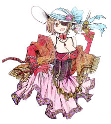 Rule 34 | 1girl, :d, bow, breasts, brown eyes, brown hair, cleavage, corset, daico, dress, elbow gloves, eyepatch, flower, gloves, gun, hand on own hip, handgun, happy, hat, hat flower, large breasts, meiko (vocaloid), no legs, open mouth, pirate, red theme, revolver, scarf, shawl, short hair, smile, solo, sun hat, vocaloid, weapon