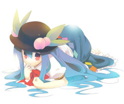Rule 34 | 1girl, ass, barefoot, black headwear, blue hair, blue skirt, bow, bowtie, collared shirt, commentary request, finger in own mouth, frilled skirt, frills, full body, hair between eyes, hair spread out, hinanawi tenshi, leaf hat ornament, long hair, looking at viewer, lying, peach hat ornament, red bow, red bowtie, red eyes, shirt, short sleeves, skirt, solo, touhou, very long hair, white background, white shirt, yuzuki gao