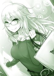 Rule 34 | 1girl, ahoge, ayakura juu, bag, bespectacled, bracelet, breasts, glasses, green theme, hoshii miki, idolmaster, idolmaster (classic), jewelry, long hair, looking at viewer, monochrome, necklace, shopping bag, smile, solo, upper body