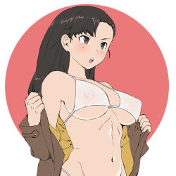 Rule 34 | 1girl, absurdres, asymmetrical bangs, bikini, bikini under clothes, breasts, brown eyes, brown hair, brown jacket, chi-hatan military uniform, commentary, covered erect nipples, girls und panzer, highres, jacket, large breasts, long hair, long sleeves, looking to the side, military, military uniform, navel, nishi kinuyo, onsen tamago (hs egg), open clothes, open jacket, open mouth, opened by self, rising sun flag, see-through, solo, standing, string bikini, sunburst, swimsuit, uniform, upper body, white bikini