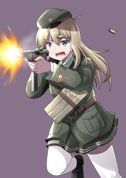 Rule 34 | 1girl, beret, beretta model 38, beretta model 38 (girls&#039; frontline), blonde hair, blue eyes, breasts, cartridge, casing ejection, firing, girls&#039; frontline, green hat, green jacket, green skirt, gun, hair between eyes, hat, highres, holding, holding gun, holding weapon, jacket, ki-51 (ampullaria), magazine (weapon), military, military uniform, muzzle flash, open mouth, pocket, pouch, purple background, running, shell casing, skirt, small breasts, solo, submachine gun, thighhighs, uniform, weapon, white thighhighs