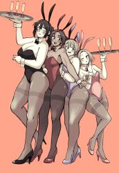 Rule 34 | 4girls, absurdres, akiosketch, ame (akiosketch), animal ears, black bow, black footwear, black hair, black leotard, bow, bowtie, breasts, brown eyes, brown hair, brown pantyhose, cleavage, closed mouth, cup, drinking glass, earrings, emma (akiosketch), fake animal ears, fake tail, green hair, high heels, highres, holding, holding tray, jewelry, large breasts, leotard, limited palette, lips, medium breasts, mole, mole under eye, multiple girls, one eye closed, open mouth, original, pantyhose, parted lips, purple eyes, purple footwear, purple leotard, rabbit ears, rabbit tail, red bow, red bowtie, red footwear, red leotard, short hair, stud earrings, tail, thighband pantyhose, tray, wine glass, wrist cuffs