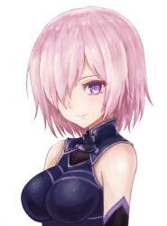 Rule 34 | 1girl, bad id, bad pixiv id, breasts, breasts apart, detached sleeves, fate/grand order, fate (series), hair over one eye, looking at viewer, mash kyrielight, medium breasts, mukou himuka, pink hair, purple eyes, shielder, short hair, simple background, solo, upper body, white background