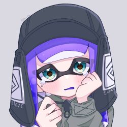 Rule 34 | 1girl, artist name, black hat, blue eyes, commentary request, grey background, hat, highres, inkling, inkling girl, inkling player character, long hair, looking at viewer, nintendo, open mouth, purple hair, simple background, solo, splatoon (series), tears, tentacle hair, tonbofree, twitter username, upper body