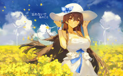 Rule 34 | 1girl, bare shoulders, blue bow, blue ribbon, blue sky, blush, bow, breasts, brown eyes, brown hair, cleavage, cloud, cowboy shot, day, dress, field, floating hair, flower, flower field, frilled dress, frills, grin, hair between eyes, hair ribbon, hands on headwear, hands up, happy, hat, hat bow, kishiyo, large breasts, long hair, looking at viewer, md5 mismatch, nature, orange eyes, original, petals, revision, ribbon, sidelocks, sky, sleeveless, sleeveless dress, smile, solo, standing, sun hat, sundress, taut clothes, very long hair, white dress, wind, wind turbine, windmill, wristband