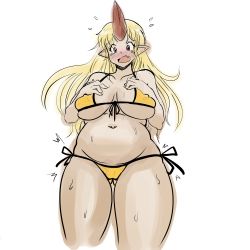 Rule 34 | 1girl, belly, bichosan, bikini, blonde hair, blush, breast suppress, breasts, brown eyes, fang, highres, horns, large breasts, monster girl, monster musume no iru nichijou, navel, ogre, open mouth, plump, pointy ears, simple background, single horn, solo, sweat, swimsuit, tears, thick thighs, thighs, tionishia, wide hips
