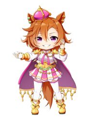 Rule 34 | 1girl, animal ears, boots, breasts, cape, crown, full body, grin, hair between eyes, hand up, highres, horse ears, horse girl, horse tail, kuena, long sleeves, medium breasts, mini crown, orange hair, outstretched arm, parted bangs, pink skirt, pleated skirt, puffy long sleeves, puffy sleeves, purple cape, purple eyes, shirt, simple background, skirt, smile, solo, standing, t.m. opera o (umamusume), tail, thighhighs, thighhighs under boots, tilted headwear, umamusume, white background, white shirt, white skirt, white thighhighs, yellow footwear