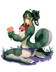 Rule 34 | 1girl, ahoge, animal hands, ass, blonde hair, blunt bangs, boned meat, breasts, claws, commentary, commission, crocodilian tail, cutoffs, double bun, doughnut hair bun, eating, food, full body, gradient hair, green hair, hair bun, highres, holding, holding food, large breasts, long hair, looking at viewer, materclaws, meat, micro shorts, monster girl, multicolored hair, original, reptile girl, scales, shorts, simple background, sitting, slit pupils, solo, streaked hair, tail, topless, two-tone hair, wariza, white background, yellow eyes