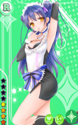 Rule 34 | 1girl, apron, arm up, armpits, blue hair, breasts, cleavage, commentary request, detached sleeves, earrings, finger to mouth, from side, green background, hair between eyes, jewelry, leg up, long hair, looking at viewer, love live!, love live! school idol project, maid, maid apron, maid headdress, mogyutto &quot;love&quot; de sekkin chuu!, small breasts, solo, sonoda umi, yellow eyes