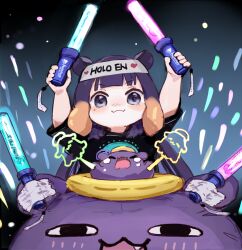 Rule 34 | 1girl, :3, :d, arms up, black shirt, blunt bangs, blush, closed eyes, closed mouth, commentary, copyright name, english commentary, fang, fangs, glowstick, gradient hair, halo, headband, heart, holding, holding glowstick, hololive, hololive english, long hair, looking at viewer, mole, mole under eye, multicolored hair, ninomae ina&#039;nis, open mouth, orange hair, print shirt, purple eyes, purple hair, shirt, short sleeves, sidelocks, skin fangs, smile, t-shirt, takodachi (ninomae ina&#039;nis), tape, tears, tentacle hair, v-shaped eyebrows, virtual youtuber, white headband, yuuyu (777)