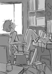 Rule 34 | 1girl, absurdres, arm rest, bedroom, chair, commentary request, greyscale, head back, headphones, highres, indoors, messy room, monochrome, on chair, original, pants, pants rolled up, profile, shelf, short hair, sitting, slouching, solo, turquoise iro, window