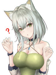 Rule 34 | 1girl, :o, ?, animal ear fluff, animal ears, arknights, bare shoulders, breasts, cat ears, claw pose, cleavage, collarbone, dress, green dress, halter dress, halterneck, head tilt, highres, kal&#039;tsit (arknights), large breasts, long sleeves, open mouth, poni (poni arknights), short hair, silver hair, solo, upper body, v-shaped eyebrows, watch, wristwatch