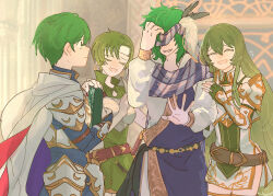 Rule 34 | 2boys, 2girls, armor, breastplate, brother and sister, ced (fire emblem), ced (sage of the wind) (fire emblem), closed eyes, earrings, erinys (fire emblem), family, father and daughter, father and son, fee (fire emblem), fire emblem, fire emblem: genealogy of the holy war, fire emblem: thracia 776, fire emblem heroes, green hair, headband, highres, hoop earrings, jewelry, lewyn (fire emblem), long hair, mother and daughter, mother and son, multiple boys, multiple girls, nintendo, open mouth, pauldrons, sasaki (dkenpisss), short hair, shoulder armor, siblings, smile, surprised, white headband