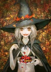 Rule 34 | 1girl, autumn leaves, bikini, bikini top only, black bikini, black cape, black hat, blonde hair, brown eyes, cake, cape, female focus, flat chest, food, food on body, food on face, fork, fruit, hat, highres, looking at viewer, original, pale skin, parted lips, plate, solo, swimsuit, task blemen, witch, witch hat