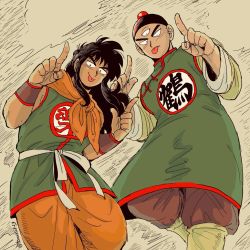 Rule 34 | 2boys, :p, black eyes, black hair, chinese clothes, dragon ball, fingernails, grey background, hat, index finger raised, kerchief, leg up, long hair, long sleeves, looking at viewer, male focus, multiple boys, simple background, smile, standing, tenshinhan, tongue, tongue out, twitter username, wristband, yamcha