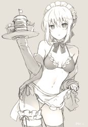 Rule 34 | 1girl, 6u (eternal land), artoria pendragon (all), artoria pendragon (alter swimsuit rider) (fate), artoria pendragon (alter swimsuit rider) (second ascension) (fate), artoria pendragon (fate), bikini, blush, breasts, burger, cleavage, fate (series), food, french fries, groin, maid, maid bikini, maid headdress, medium breasts, navel, saber (fate), short hair, solo, swimsuit, thighhighs, thighs, tray, unconventional maid