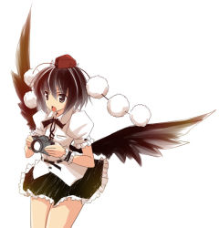 Rule 34 | 1girl, :d, bare legs, belt, black skirt, black wings, camera, female focus, hat, hermmy, looking at viewer, open mouth, pom pom (clothes), puffy short sleeves, puffy sleeves, shameimaru aya, shirt, short sleeves, simple background, skirt, smile, solo, standing, thighs, tokin hat, touhou, white background, white shirt, wings