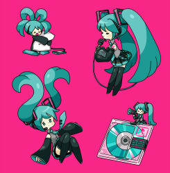 Rule 34 | 1girl, blush, digital media player, hatsune miku, headphones, headset, highres, holding, holding megaphone, holding microphone, kneeling, megaphone, microphone, mini person, minidisc, minigirl, necktie, number tattoo, hugging object, pettyraps, pillow, pillow hug, pink background, pleated skirt, skirt, smile, tattoo, thighhighs, twintails, vocaloid