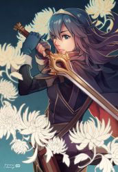 Rule 34 | 1girl, blue eyes, blue hair, cape, eyelashes, fingerless gloves, fingernails, finni chang, fire emblem, fire emblem awakening, flower, gloves, hair between eyes, hairband, holding, long hair, long sleeves, looking at viewer, looking back, lucina (fire emblem), matching hair/eyes, nintendo, solo, striped, sword, tiara, unsheathed, vertical stripes, watermark, weapon, web address, wind