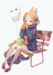 Rule 34 | 1girl, abigail williams (fate), abigail williams (traveling outfit) (fate), balloon, bare legs, belt, bench, bendy straw, black bow, black jacket, blonde hair, blue eyes, blush, bow, burger, crossed bandaids, cup, drinking straw, drooling, eating, fate/grand order, fate (series), food, french fries, full body, gin (oyoyo), graffiti, grey background, hair bow, hair bun, jacket, long sleeves, medjed (fate), official alternate costume, open mouth, orange bow, parted bangs, polka dot, polka dot bow, red footwear, saint quartz (fate), saliva, simple background, single hair bun, sitting, sleeves past wrists, solo, stuffed animal, stuffed toy, teddy bear, tentacles