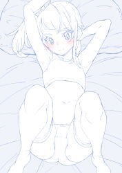 Rule 34 | 1girl, arm behind head, arm up, bed sheet, blue theme, blush, bow, bow panties, closed mouth, crotch seam, cut bangs, from above, hair ribbon, highres, hirogaru sky! precure, knees up, looking at viewer, lying, medium hair, miyagoe yoshitsuki, monochrome, navel, on back, on bed, panties, pillow, precure, ribbon, single horizontal stripe, smile, solo, sora harewataru, sports bra, spot color, thighhighs, underwear, underwear only