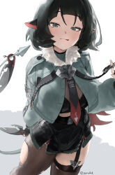 Rule 34 | 1girl, animal ears, arm behind back, asymmetrical legwear, belt, black garter straps, black hair, black shorts, brown pantyhose, brown thighhighs, buttons, combat knife, cowboy shot, crop top, crop top overhang, cropped jacket, fingerless gloves, fur collar, garter straps, gloves, hand up, high-waist shorts, highres, holding, holding knife, jacket, jane doe (zenless zone zero), knife, long hair, long sleeves, looking at viewer, mouse ears, mouse girl, mouse tail, multicolored hair, necktie, pantyhose, pantyhose under shorts, parted lips, puffy long sleeves, puffy sleeves, raised eyebrows, red hair, short bangs, short shorts, shorts, single garter strap, single leg pantyhose, single thighhigh, smile, smug, solo, tail, thighhighs, torn clothes, torn pantyhose, torn thighhighs, twitter username, very long hair, weapon, zenless zone zero, zeradok, zipper, zipper pull tab