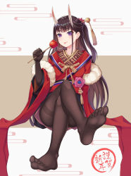 Rule 34 | 1girl, absurdres, azur lane, black pantyhose, blunt bangs, brown hair, candy apple, crossed legs, feet, food, hair ornament, highres, horns, japanese clothes, long hair, looking at viewer, noshiro (azur lane), noshiro (uncharted festival grounds?) (azur lane), pantyhose, purple eyes, saliva, saliva trail, sitting, soles, solo, thighs, toes, tongue, tongue out, very long hair