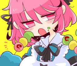 Rule 34 | 1girl, apron, black ribbon, blue dress, blush stickers, bocchan dango, breasts, commentary, dango, dress, fang, food, food on face, hair ribbon, highres, holding, holding food, long sleeves, medium breasts, neck ribbon, op na yarou, open mouth, pink eyes, pink hair, ribbon, saigyouji yuyuko, simple background, solo, symbol-only commentary, touhou, upper body, wagashi, yellow background